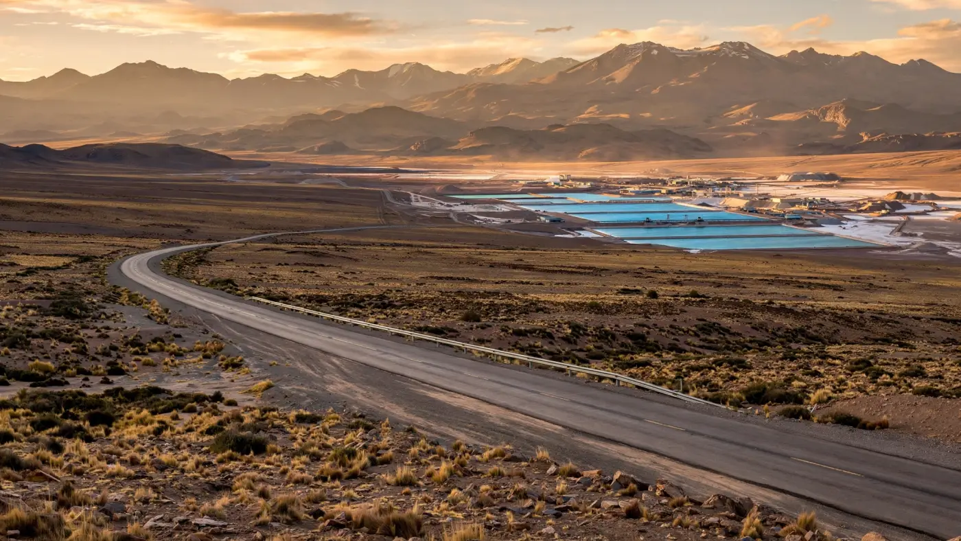 Ruta andina cruzando la Puna hacia un proyecto de litio con paisaje árido y montañas al fondo
