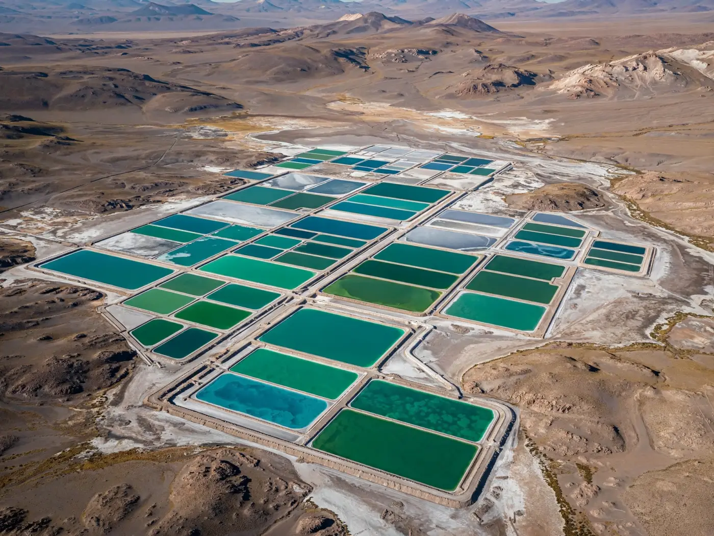 Piletas de evaporación de litio en tonos verdes y azules en el Salar de Cauchari, Jujuy