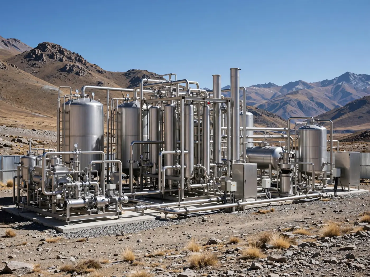 Planta piloto de extracción directa de litio con tanques de acero inoxidable en un entorno árido de altura