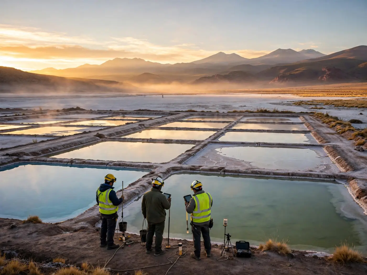 Trabajadores locales monitoreando piletas de salmuera al amanecer en la Puna argentina