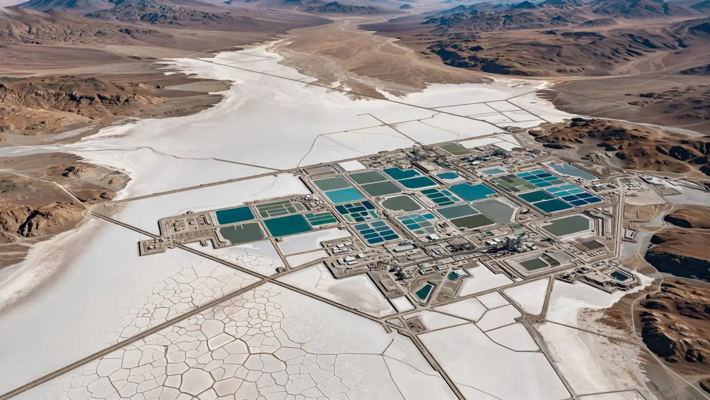 Vista satelital de un salar con caminos, piletas de evaporación e infraestructura minera en la Puna argentina